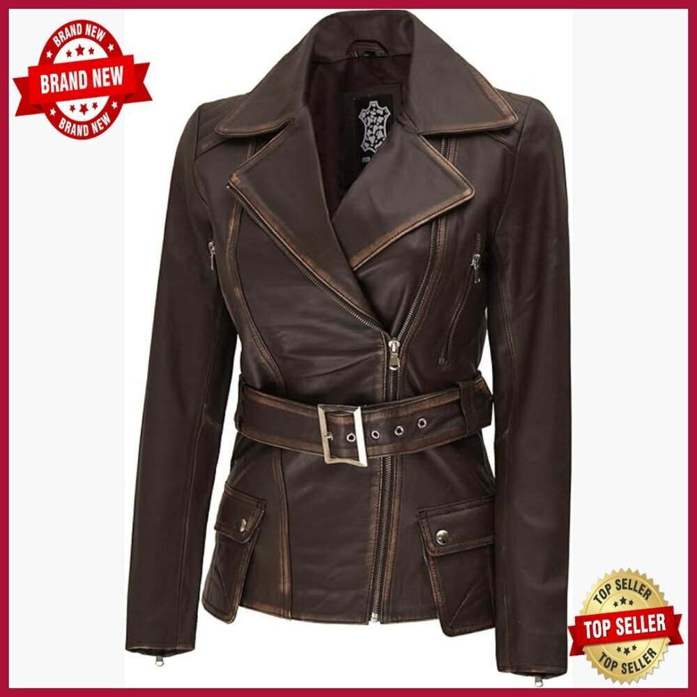 Women's Lambskin Leather Jacket Fitted Aviator Style Asymmetrical Belted